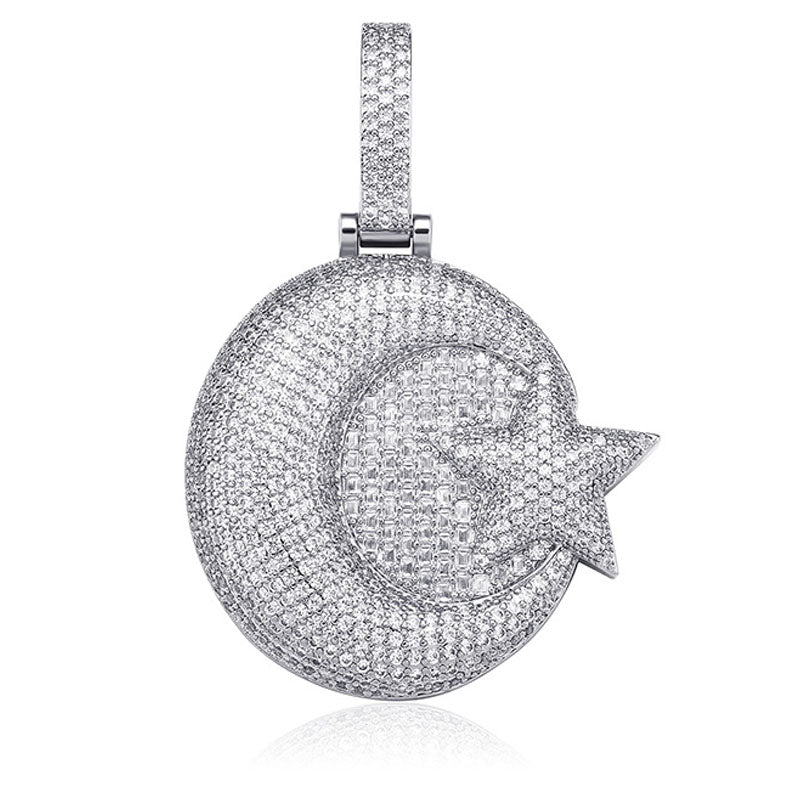 Moissanite Moon Star Combination Round Solid Pendant