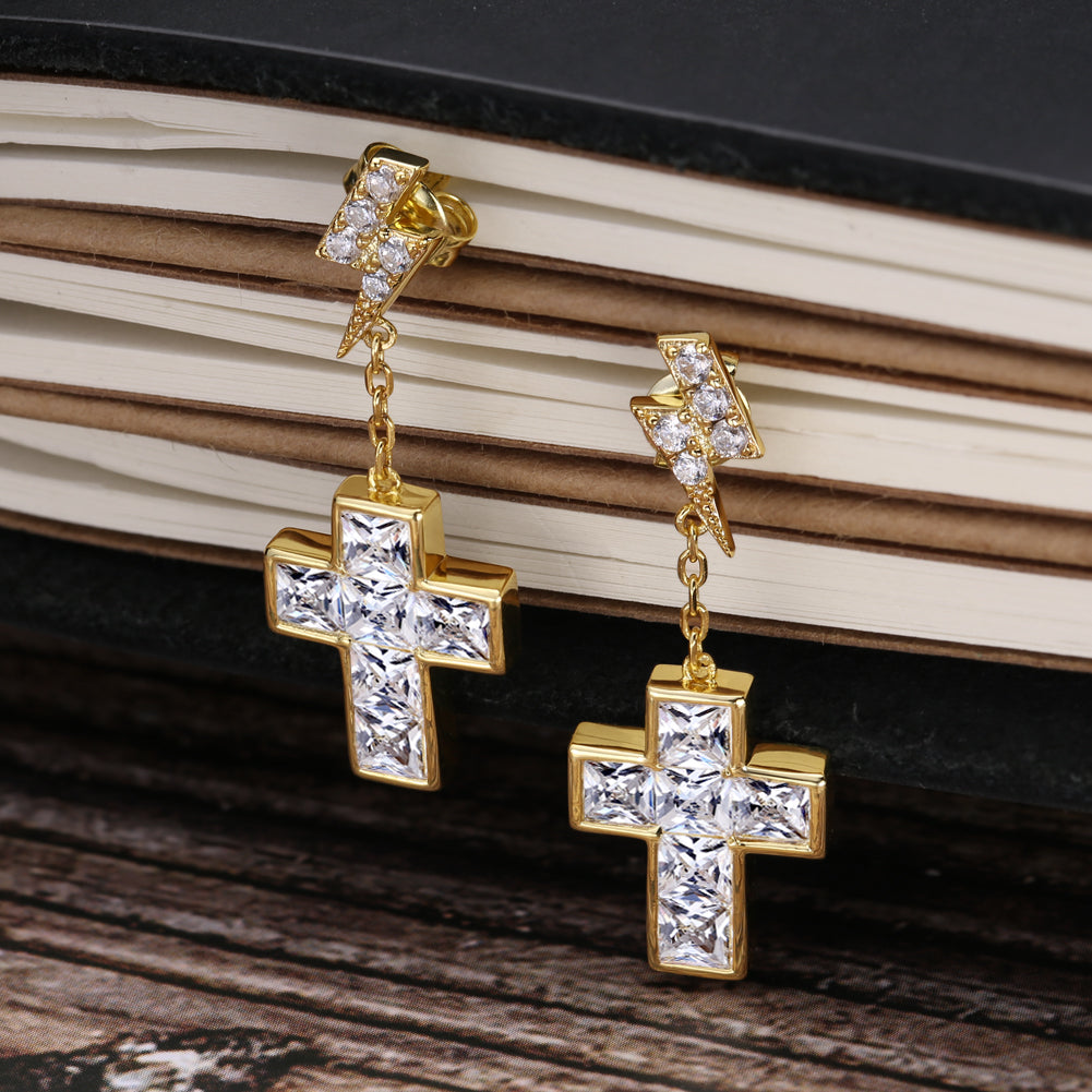 Moissanite Stud Earrings for Men with Gold Cross in 14K Gold