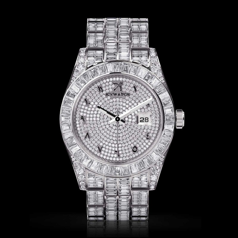 Iced Arabic Numerals Watch with Date - 42.2mm White Gold