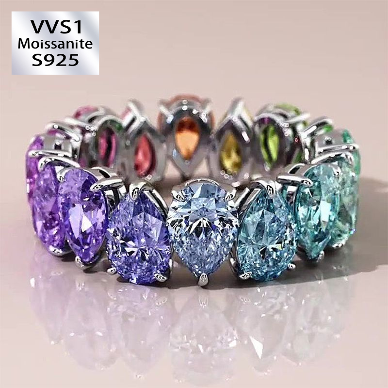 Rainbow Pear Cut S925 Silver Eternity Band