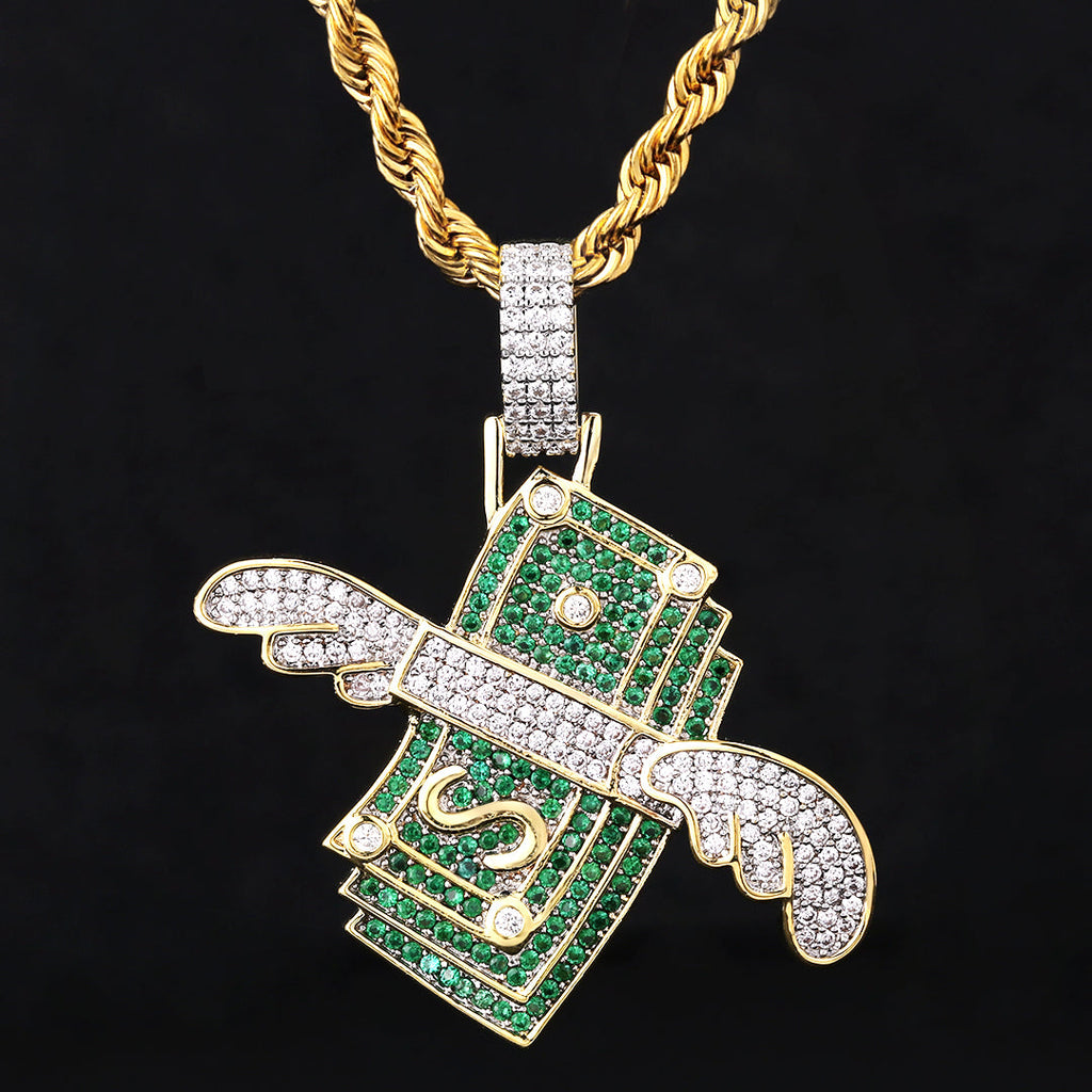 Iced Out Dollar Stack Wing Mens Moissanite Pendant Necklace in 14K Gold