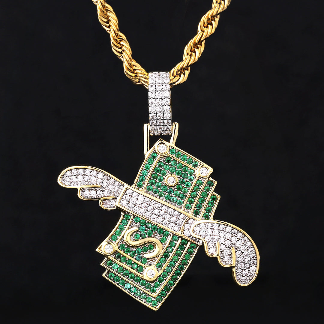 Iced Out Dollar Stack Wing Mens Moissanite Pendant Necklace in 14K Gold