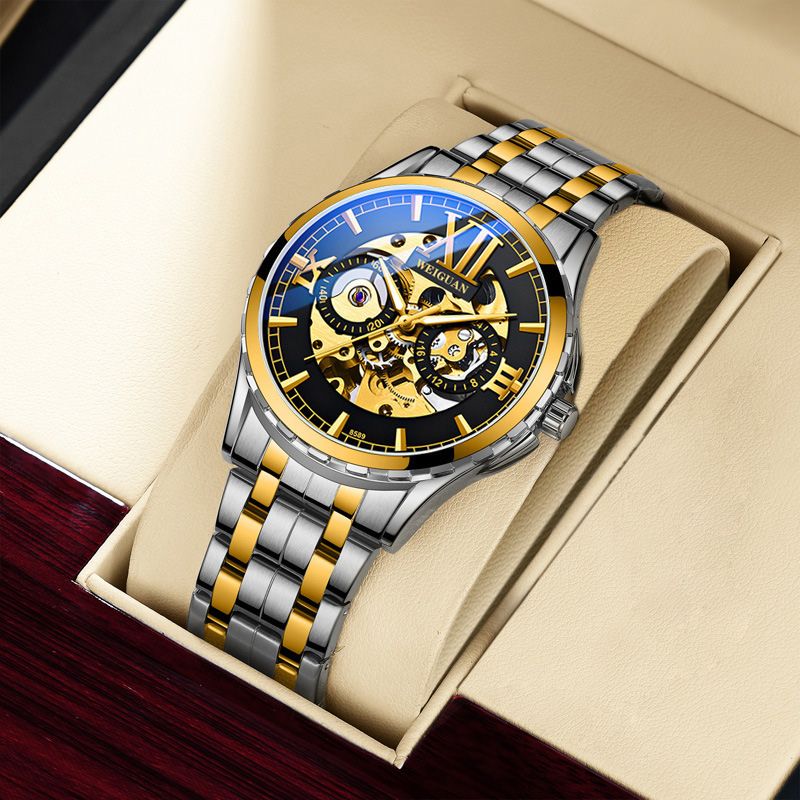 Skeleton Luminous Automatic Mechanical Men's Watch with Steel Strap