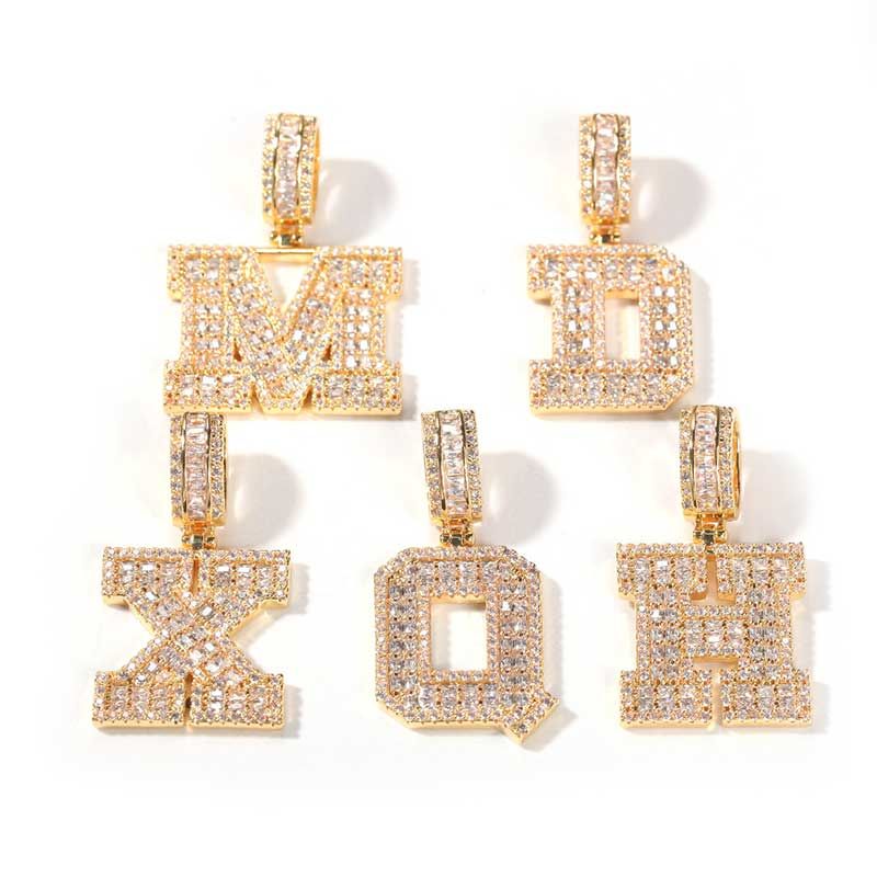 Baguette A to Z Initials Letters Moissanite Pendants in White Gold