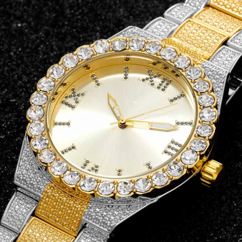 Iced Roman Numerals Two-Tone Watch - 43mm Gold & White Gold