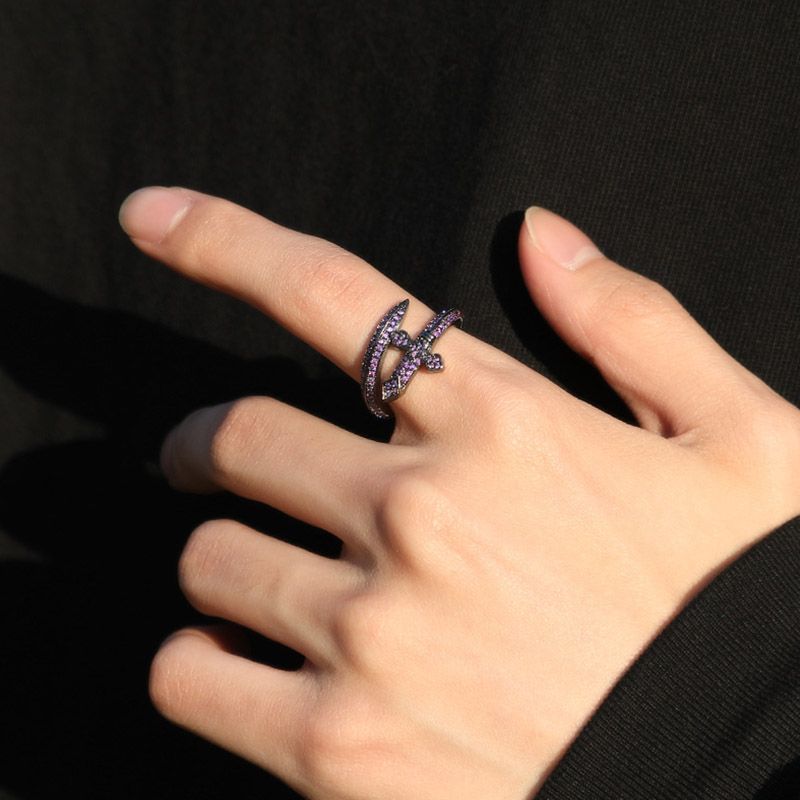 Moissanite Iced Purple Sword Ring in Black Gold