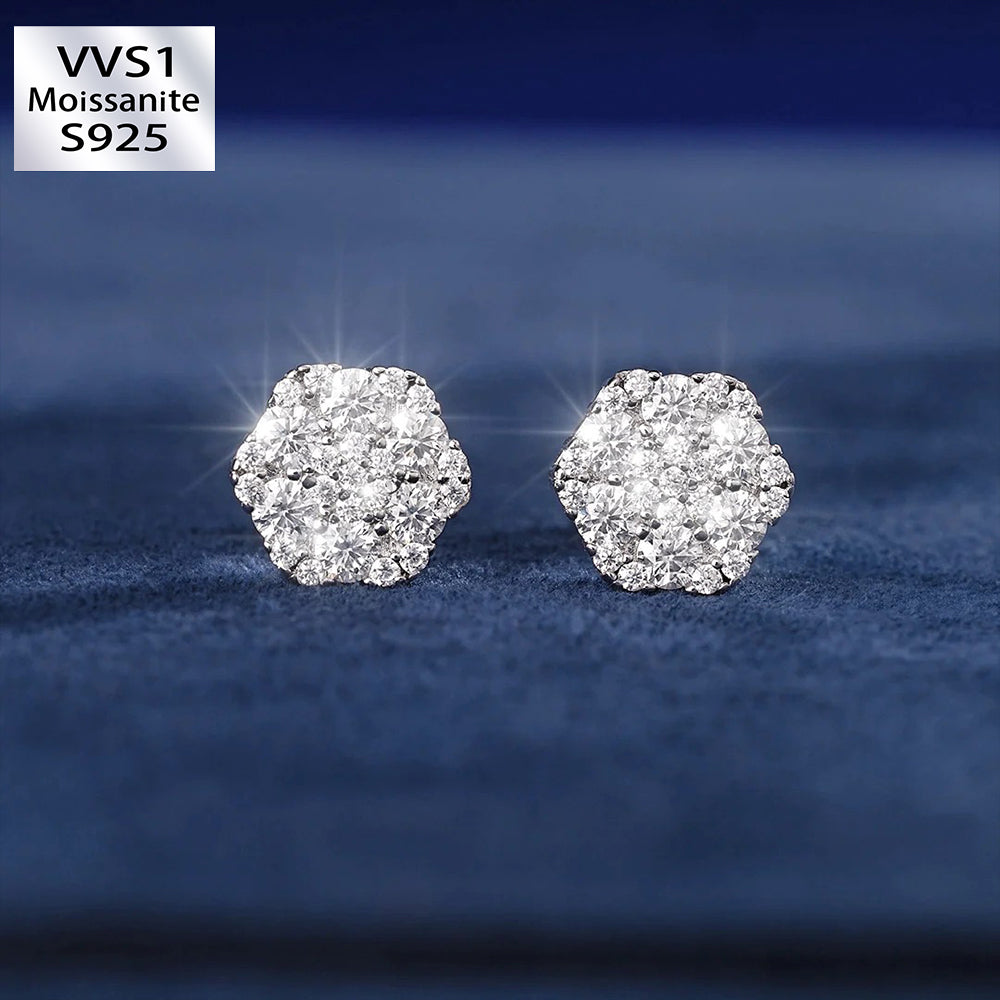 S925 & VVS Moissanite Cluster Hexagon Full Paved Earrings