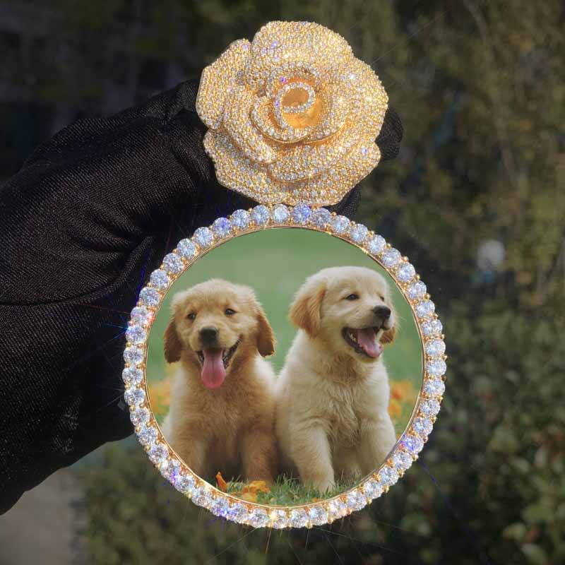 Moissanite Rose Flower Large Disc Customized Photo Pendant