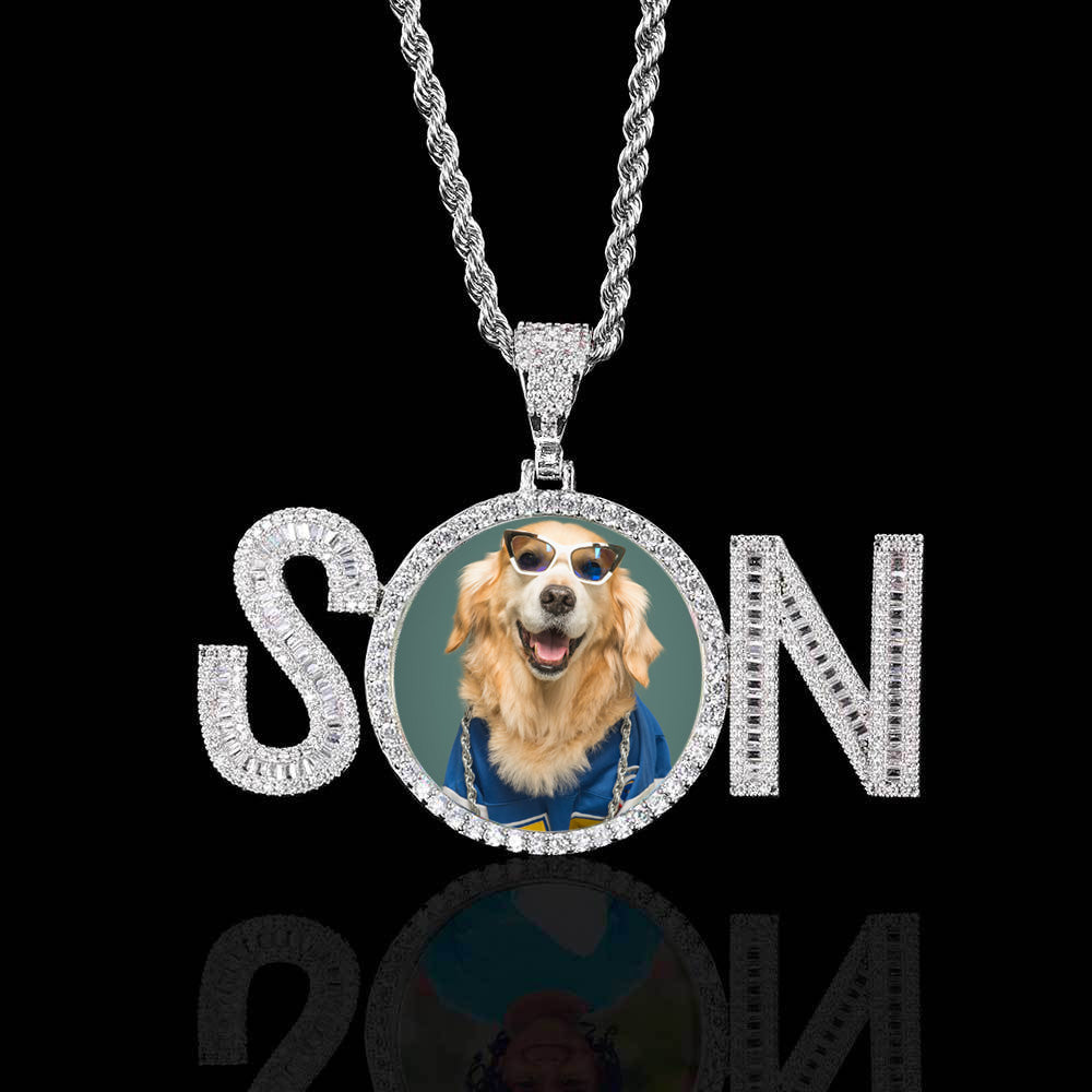 Iced Custom SN Baguette Cut Heart Photo Moissanite Pendant