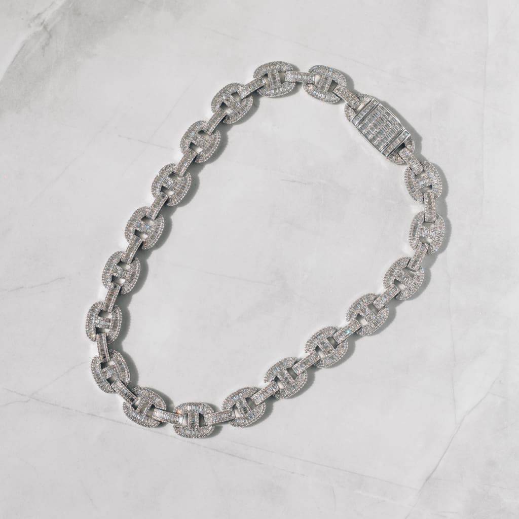 15mm Moissanite Baguette Mariner Chain White Gold