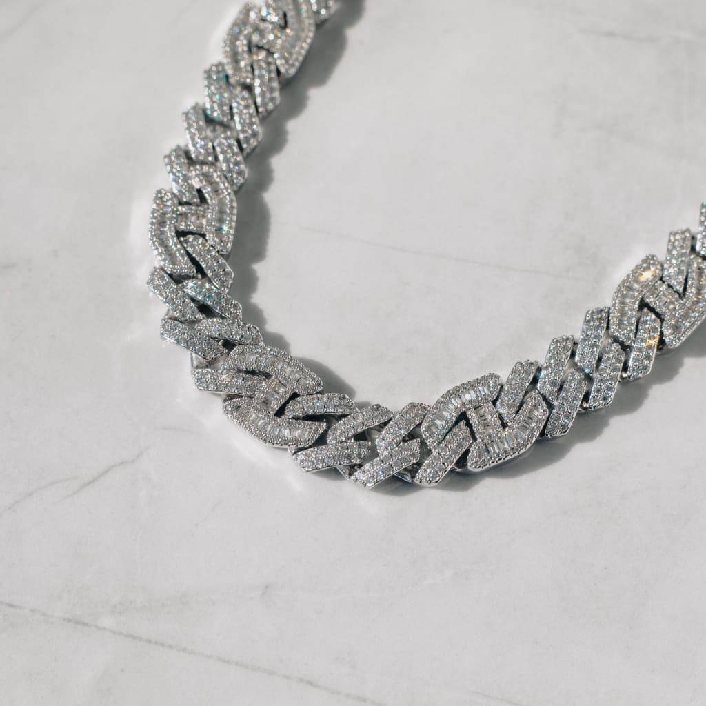 15mm Moissanite Prong Baguette Cuff Chain White Gold