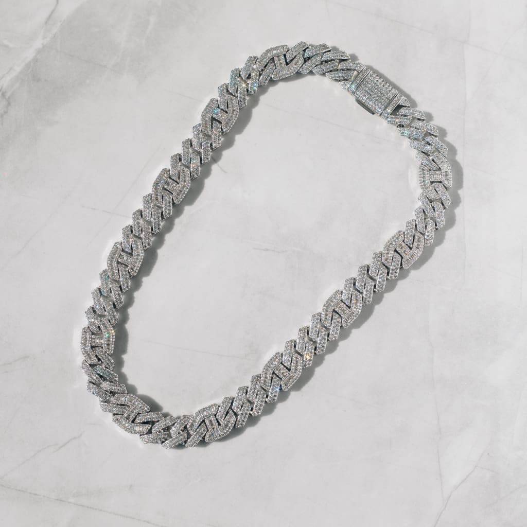 15mm Moissanite Prong Baguette Cuff Chain White Gold