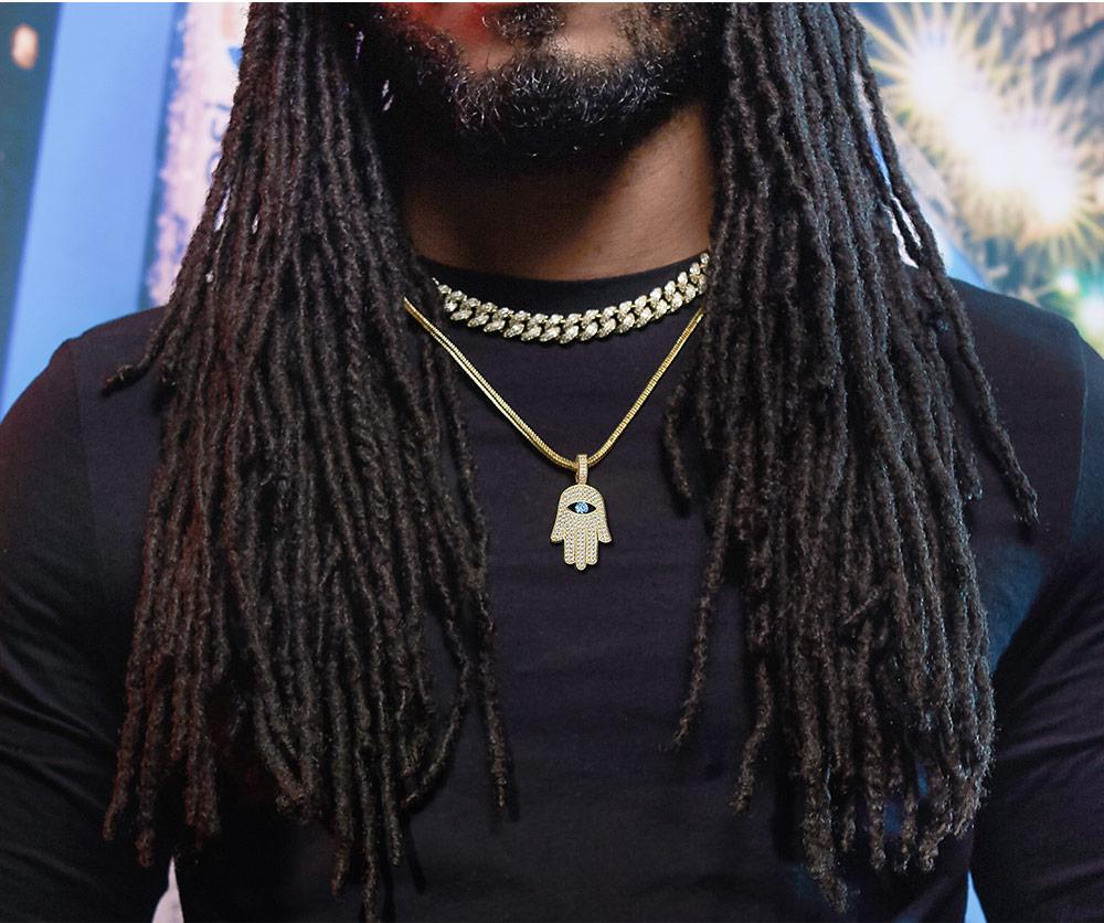 Iced Out Hamsa Hand Mens Moissanite Pendant Necklace in 14K Gold