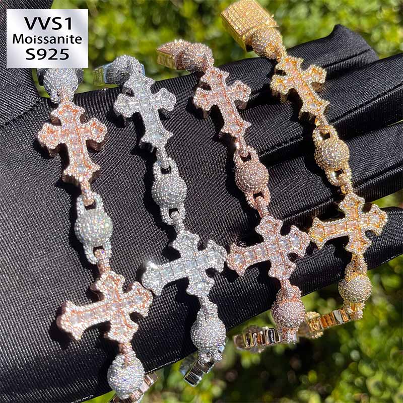 Hip-Hop Cross Bracelet with Moissanite Beads