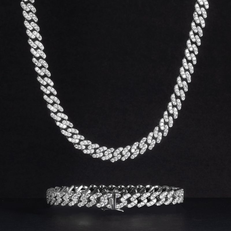 Iced 8mm Moissanite Cuban Link Chain Set in White Gold