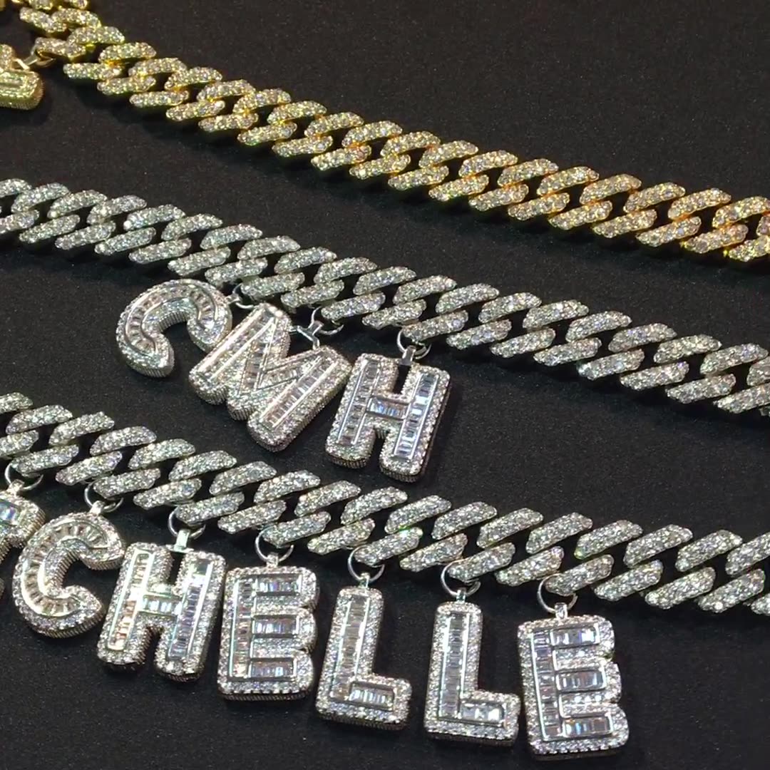 12mm Bar DIY Mosaic Alphabet Moissanite Cuban Chain Bracelets