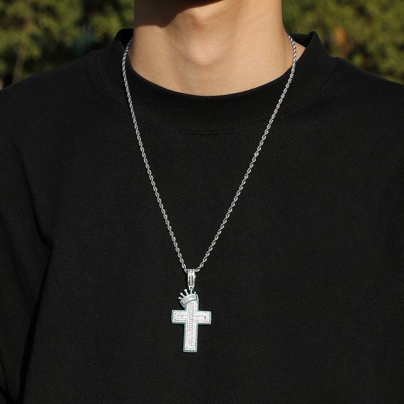 Glow in The Dark Baguette Crown Cross Moissanite Pendant