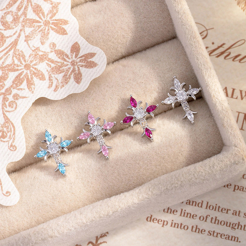 Sterling Silver Floral Cross Bullet Back Earring【A pair of earrings】