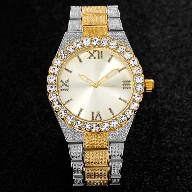 Iced Roman Numerals Two-Tone Watch - 43mm Gold & White Gold