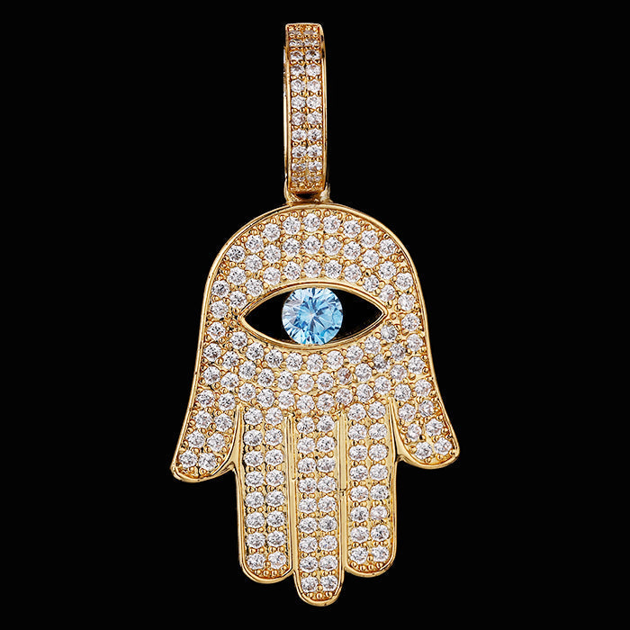 Iced Out Hamsa Hand Mens Moissanite Pendant Necklace in 14K Gold