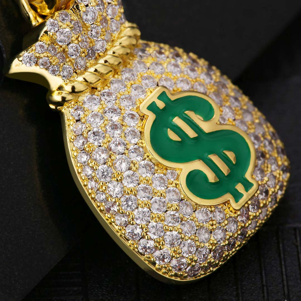 Iced Out Money Bag Mens Moissanite Pendant Necklace in 14K Gold