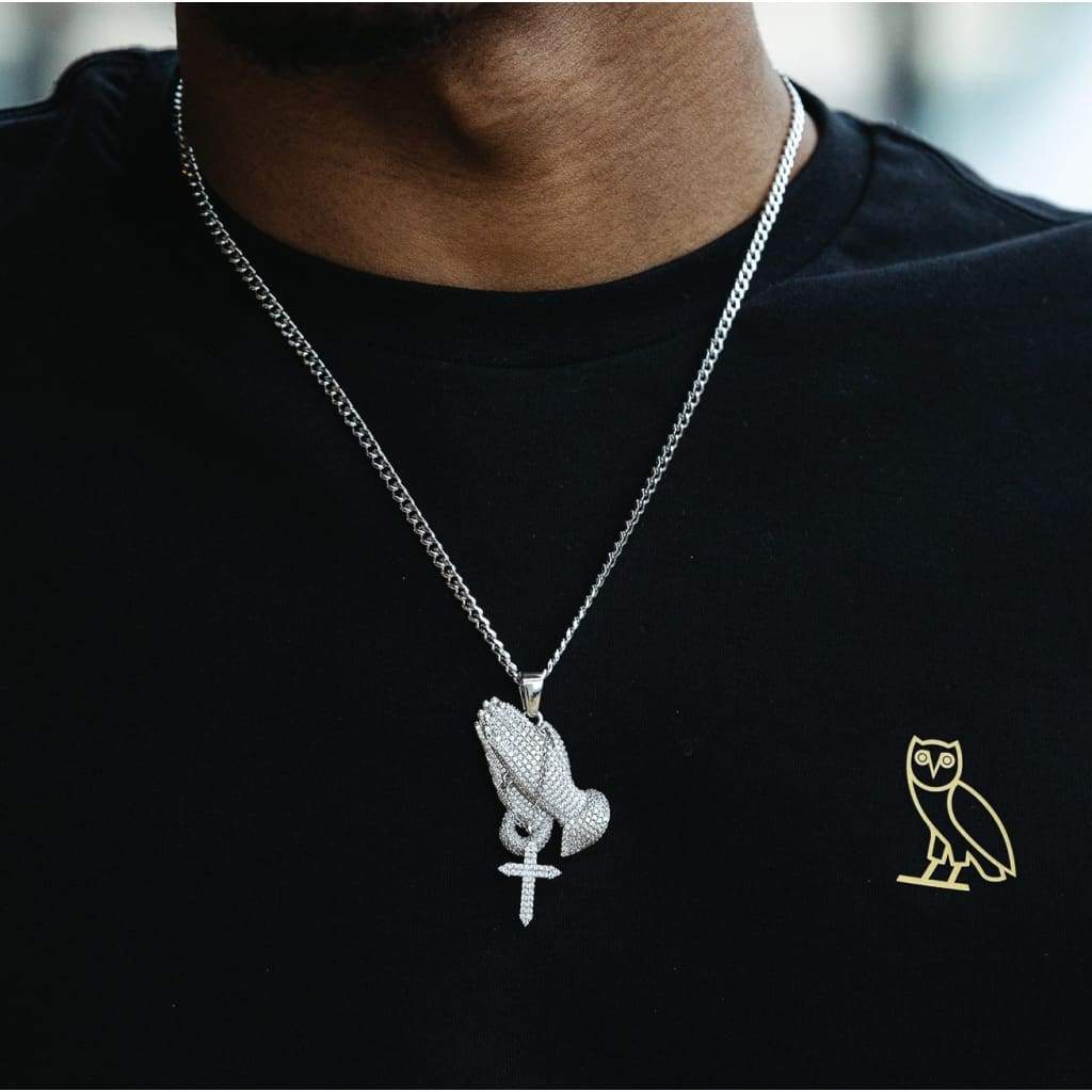 Iced Praying Hand White Gold Moissanite Pendant