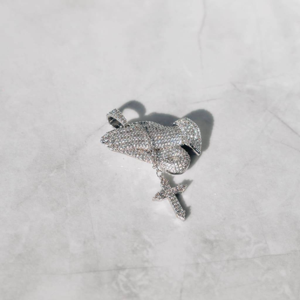 Iced Praying Hand White Gold Moissanite Pendant