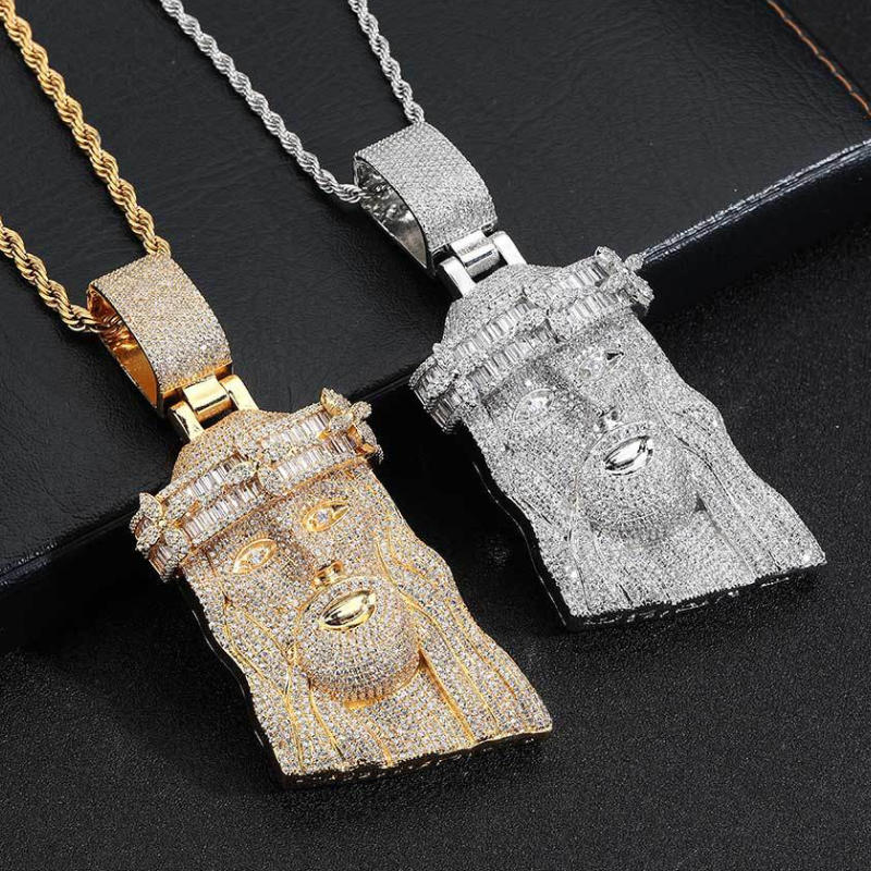 Moissanite Square Diamond Clovers Head Decorated with Jesus Pendant