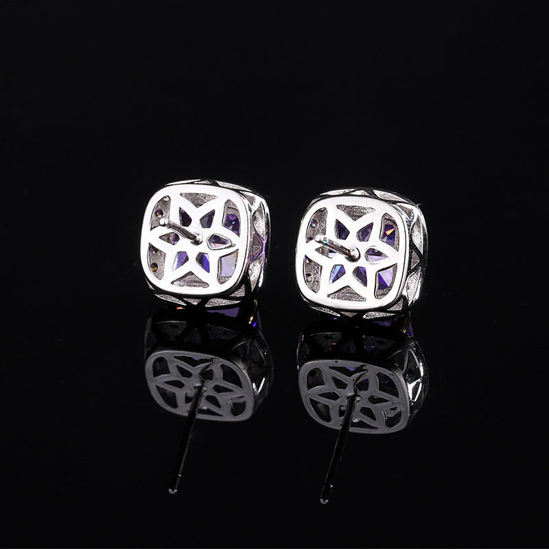S925 Silver 8mm Diameter Colored Square Moissanite Flower Cut Earrings