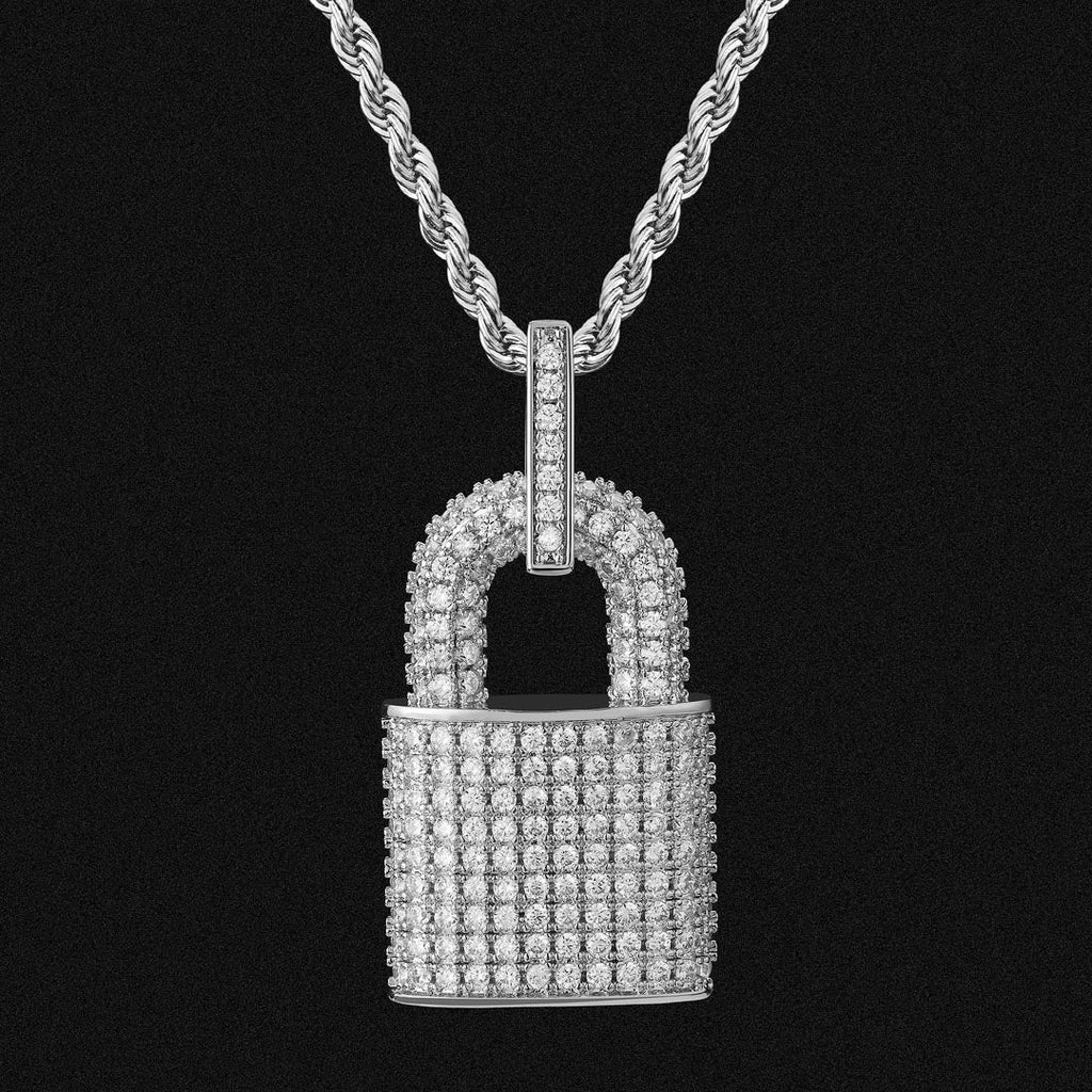 Iced Out Lock Mens Moissanite Pendant Necklace in White Gold