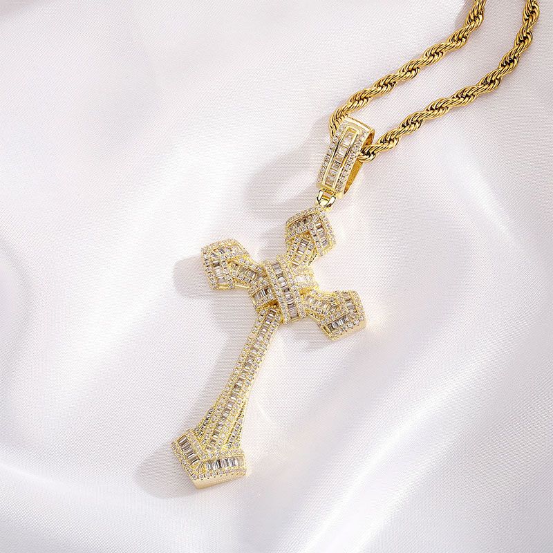 Iced Baguette Cut Cross Moissanite Pendant in Gold