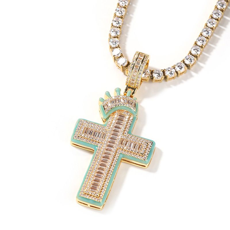 Glow in The Dark Baguette Crown Cross Moissanite Pendant