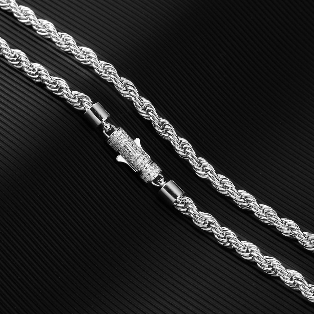 6mm Iced Out Lock Mens Moissanite Rope Chain in White Gold