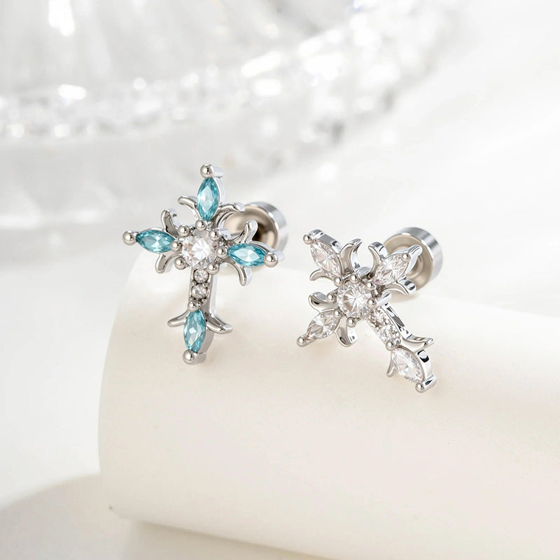 Sterling Silver Floral Cross Bullet Back Earring【A pair of earrings】