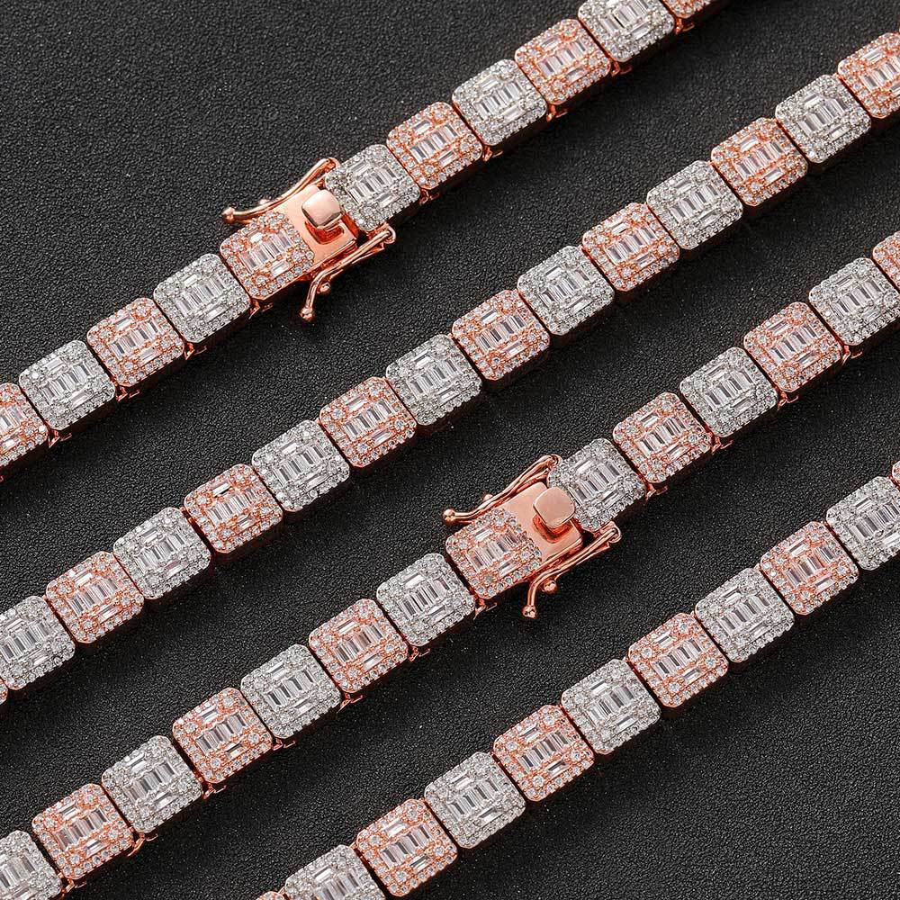 10mm Moissanite Two Tone  Halo Baguette Link Chain