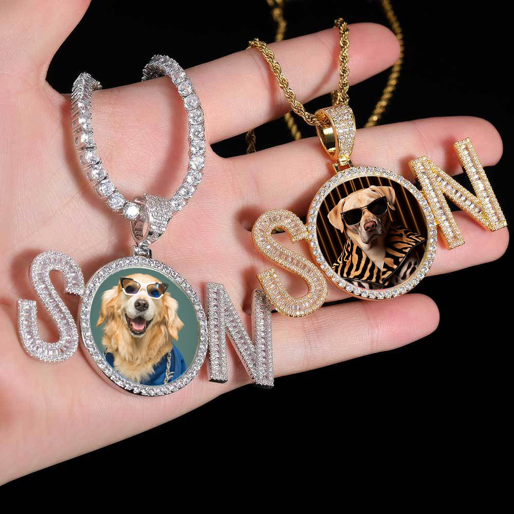 Iced Custom SN Baguette Cut Heart Photo Moissanite Pendant