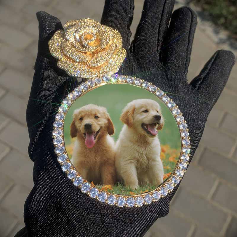 Moissanite Rose Flower Large Disc Customized Photo Pendant