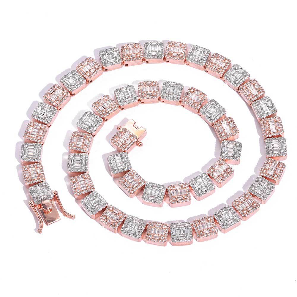 10mm Moissanite Two Tone  Halo Baguette Link Chain