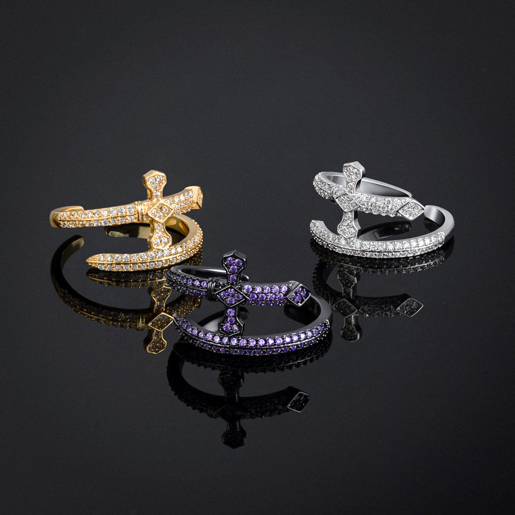 Iced Moissanite Sword Open Ring - Purple/White