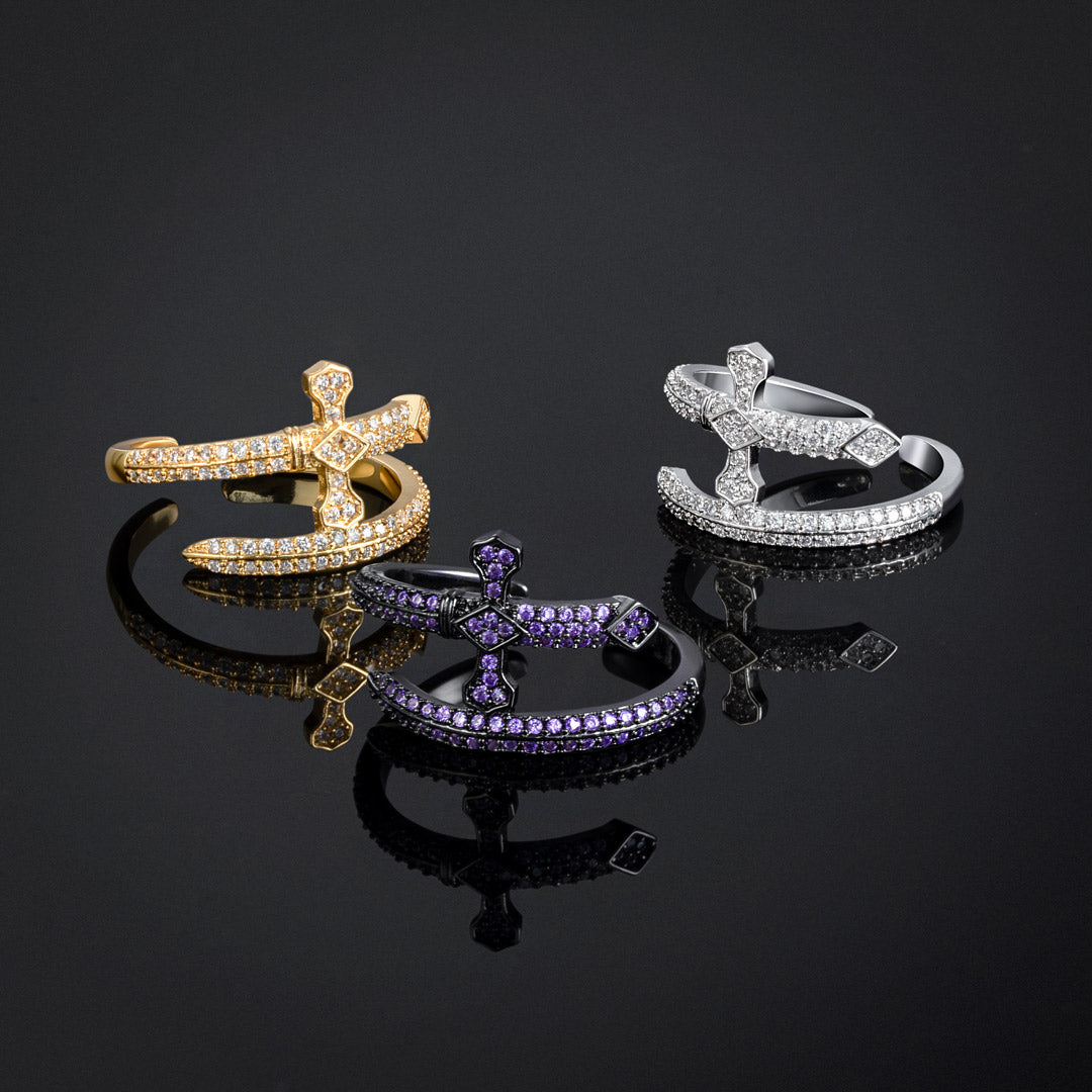 Iced Moissanite Sword Open Ring - Purple/White