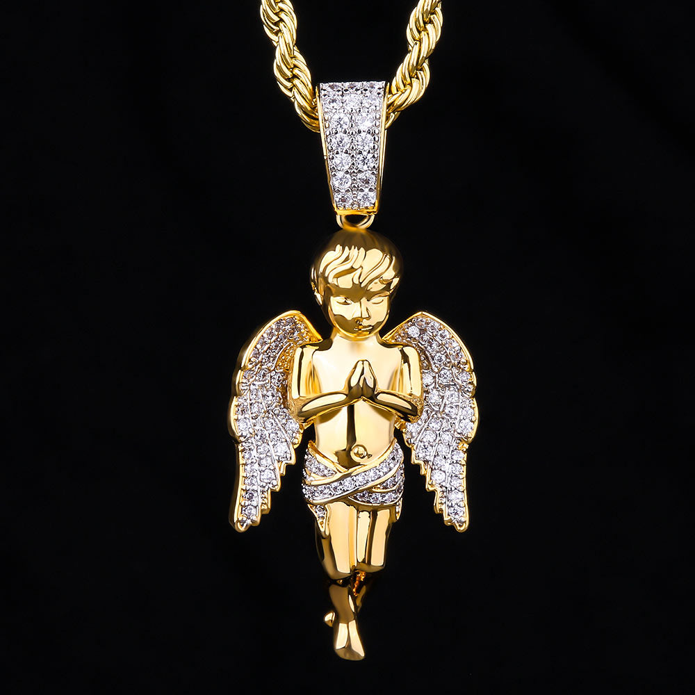 Iced Out Mens Angel Moissanite Pendant Necklalce in 14K Gold/White Gold
