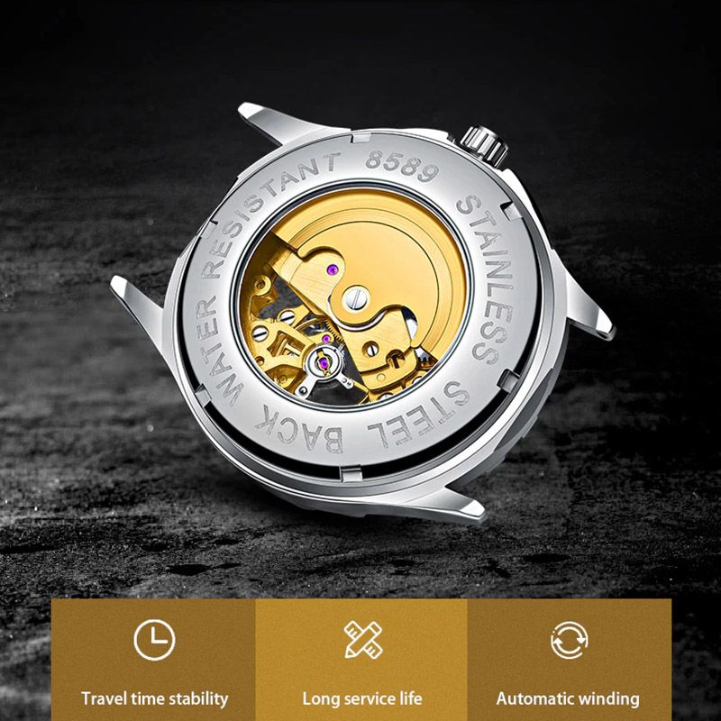 Skeleton Luminous Automatic Mechanical Men's Watch with Steel Strap