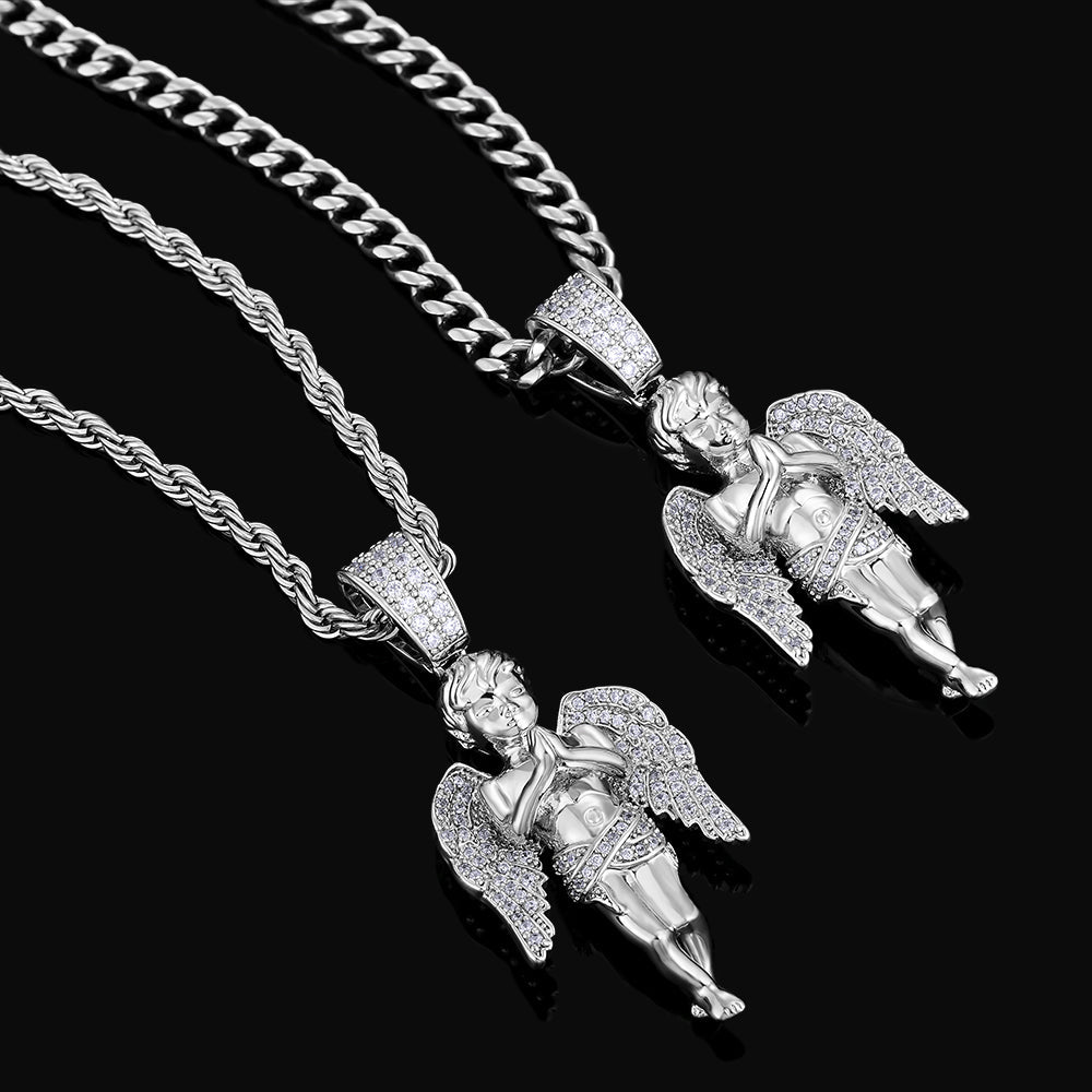 Iced Out Mens Angel Moissanite Pendant Necklalce in 14K Gold/White Gold