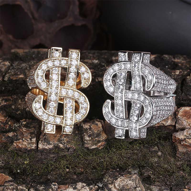 Iced Moissanite Money Dollar Sign Ring in Gold