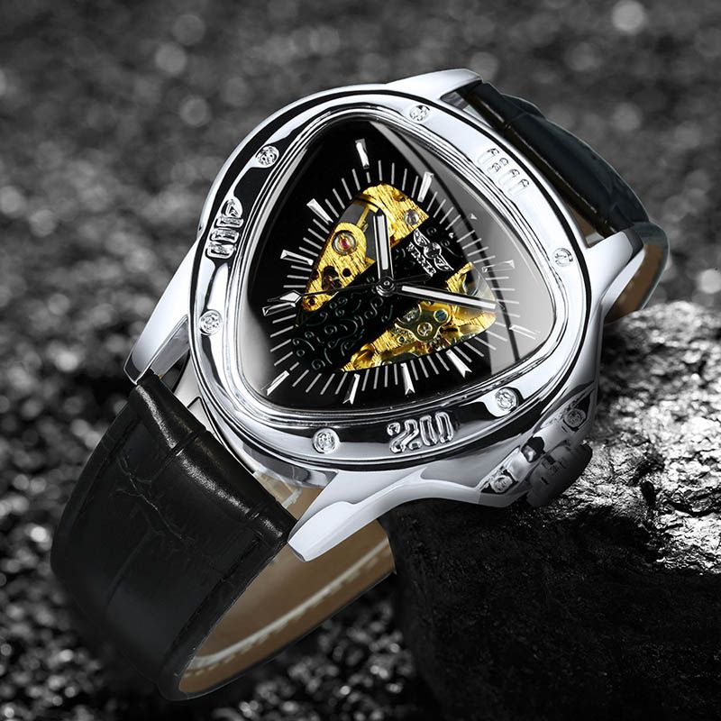 Triangle Skeleton Mechanical Watch with Leather Strap