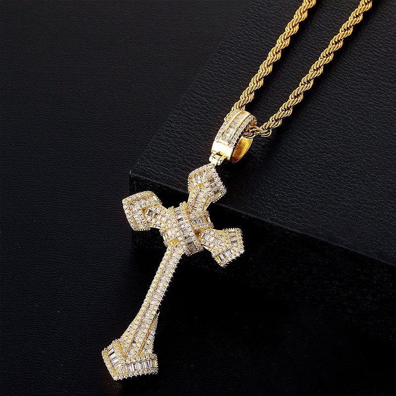 Iced Baguette Cut Cross Moissanite Pendant in Gold