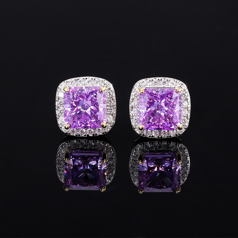 S925 Silver 8mm Diameter Colored Square Moissanite Flower Cut Earrings