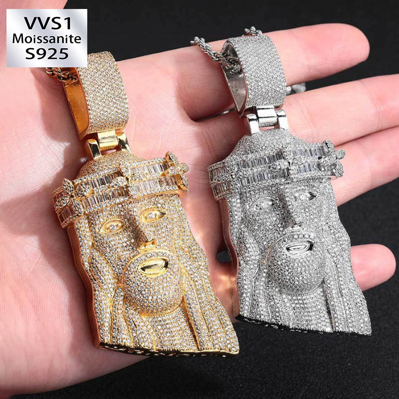 Moissanite Square Diamond Clovers Head Decorated with Jesus Pendant