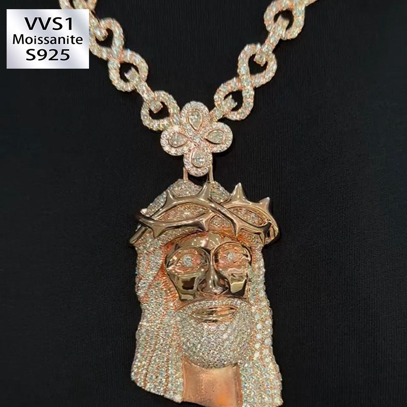 Moissanite Clovers Buckle Thorn Headdress Jesus Pendant Chain Set