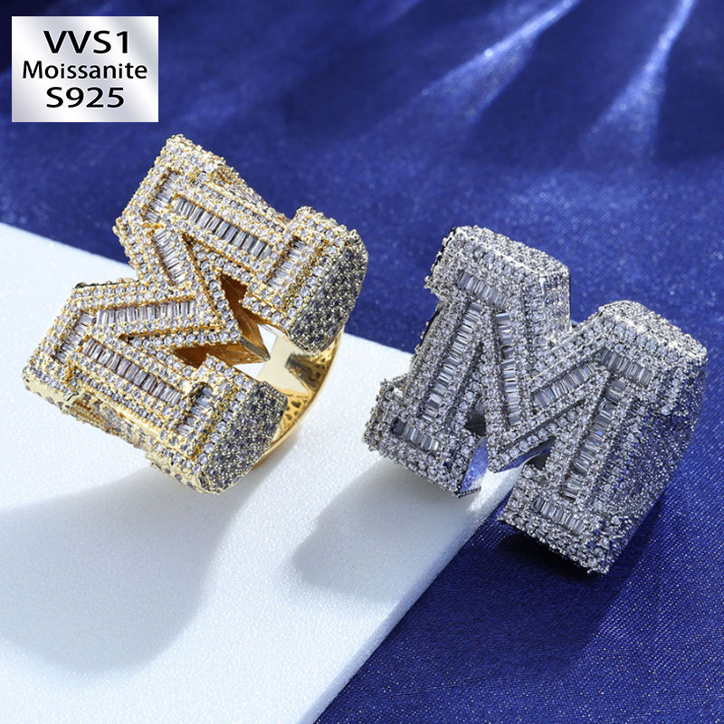 Moissanite Hip Hop M Letter Baguette Ring
